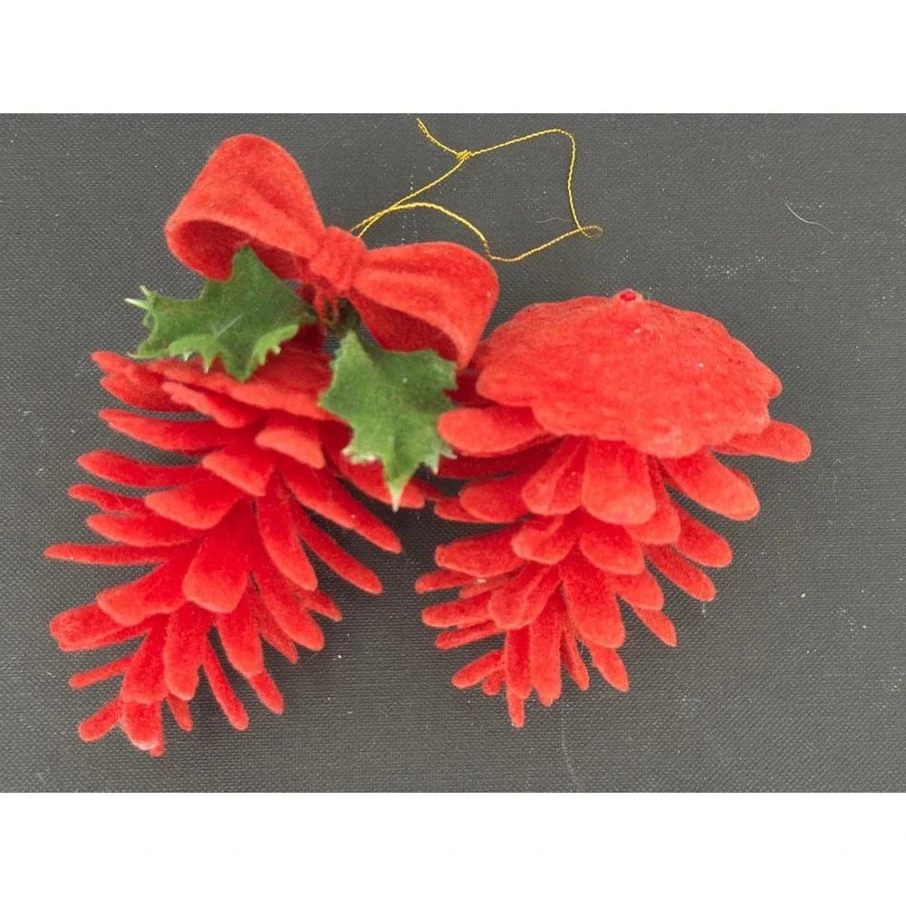 Vintage Red Flocked Pinecone Christmas Ornaments Holly Bow Set of 2 Retro Decor